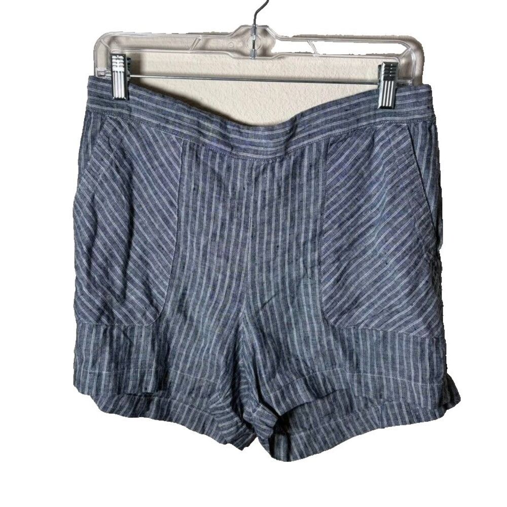 Ellen Tracy Shorts Women's Medium Gray Striped 3" Casual Pockets 100% Linen